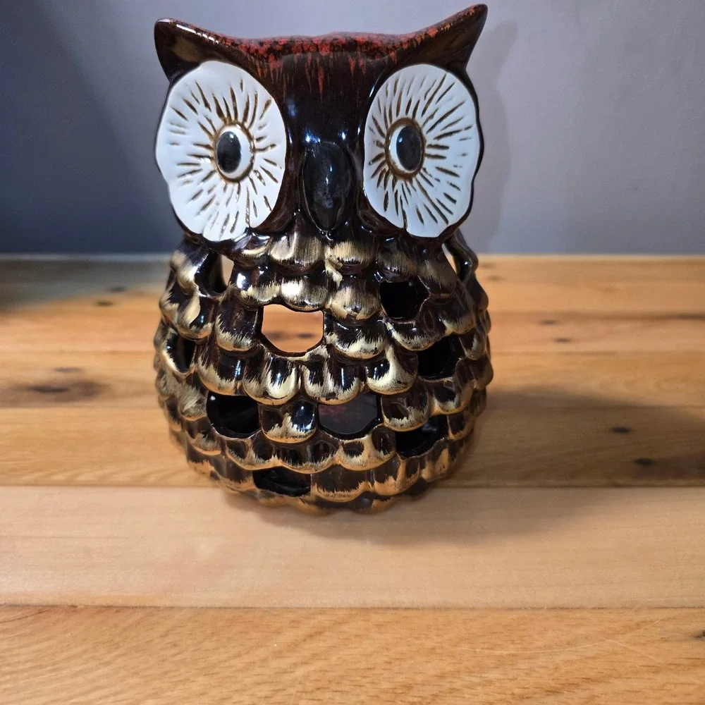 Hobby Lobby Brown Ceramic Owl Candle Holder Gold Accents Fall Decor HL9182185